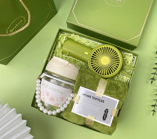 Aesthetic Green Gift Box Set - Cute Portable Fan, Water Bottle & Towel