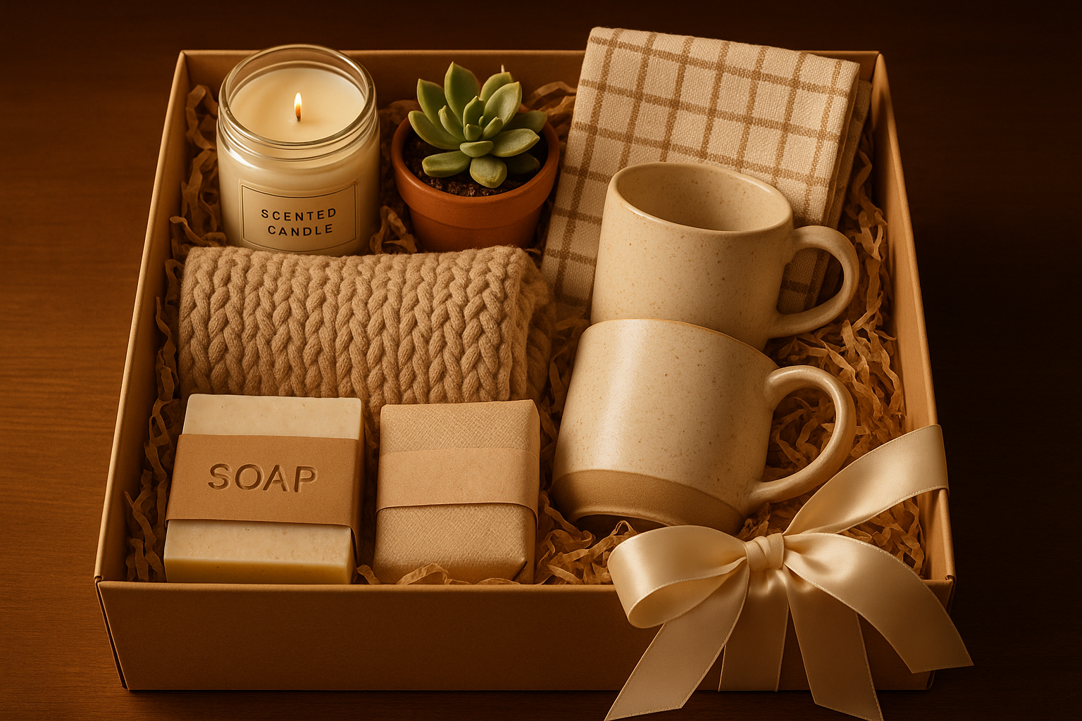 Everyday household items, for gifting in a box and wrapper