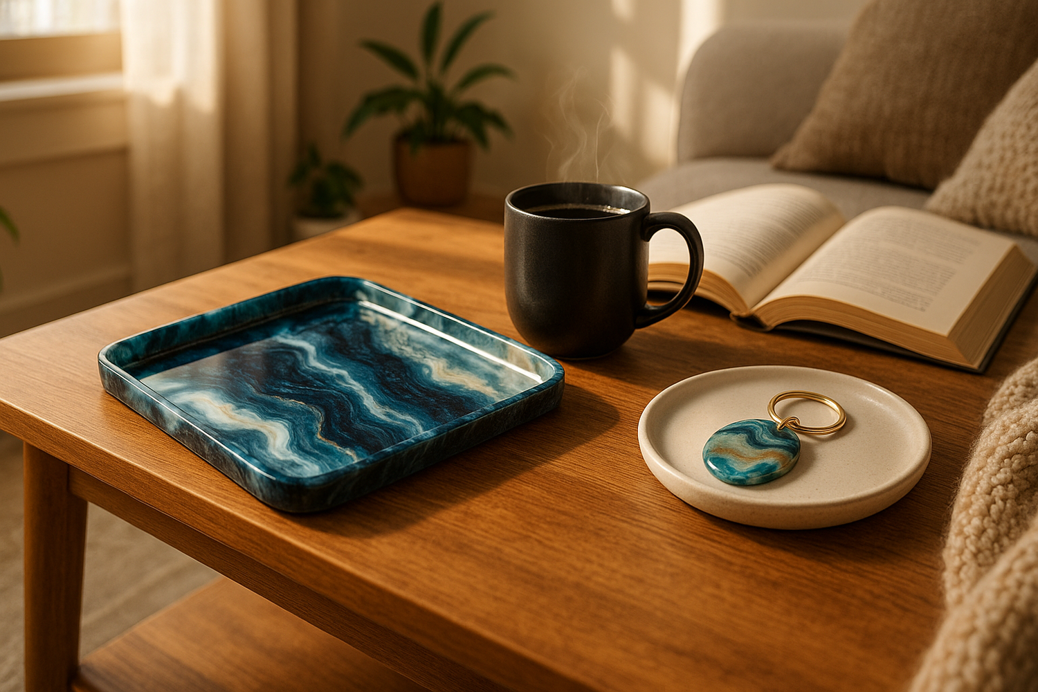 Product-in-use shot (lifestyle image) example a resin tray on a coffee table a resin keep chain on a stylish flat plate or one of your curated items in a home setting. why: shows your products in Action helps customers imagine them in their own lives