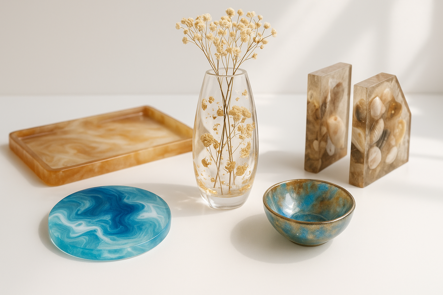 resin coaster, flower vase, tray, and other resin decor