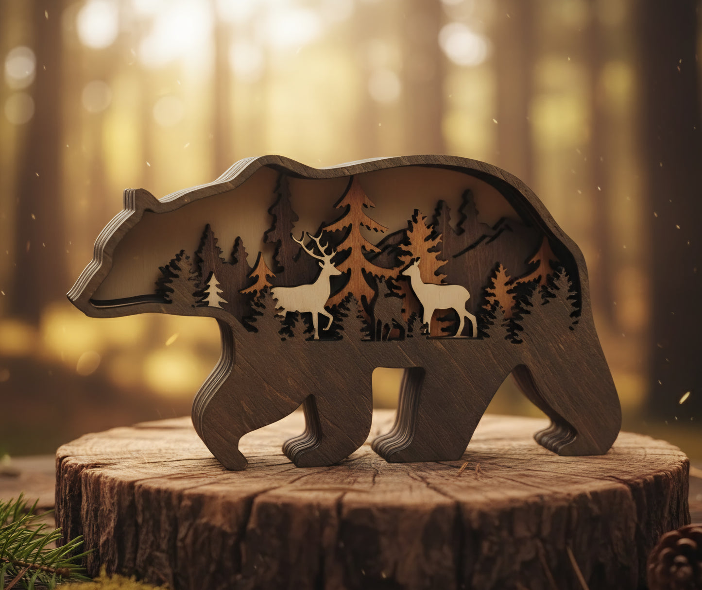 Unique Wooden Bear Forest Scene Decor | Deer, Elk & Moose