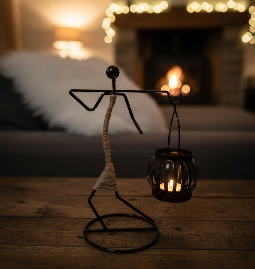 Black Metal Candlestick | Rustic Twine Accent Holiday Decor