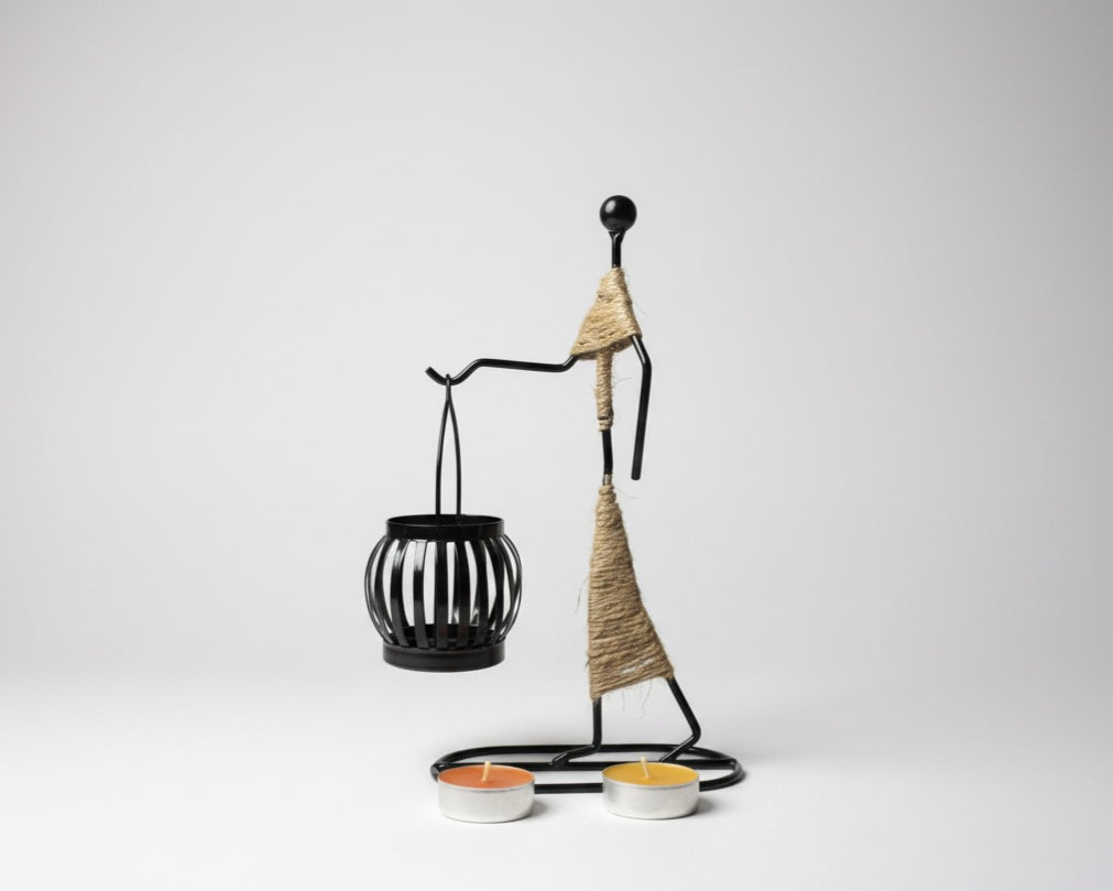 Black Metal Candlestick | Rustic Twine Accent Holiday Decor