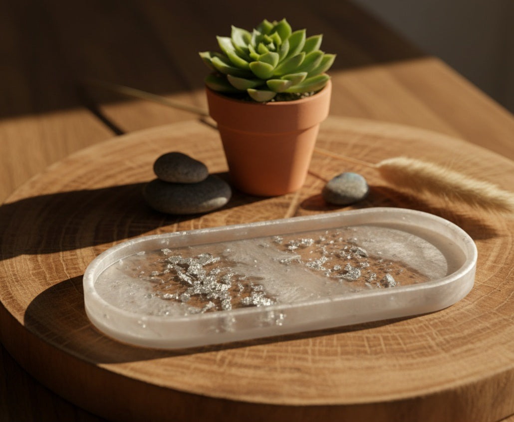 Hand-Poured Resin Décor Tray with Silver Leaf