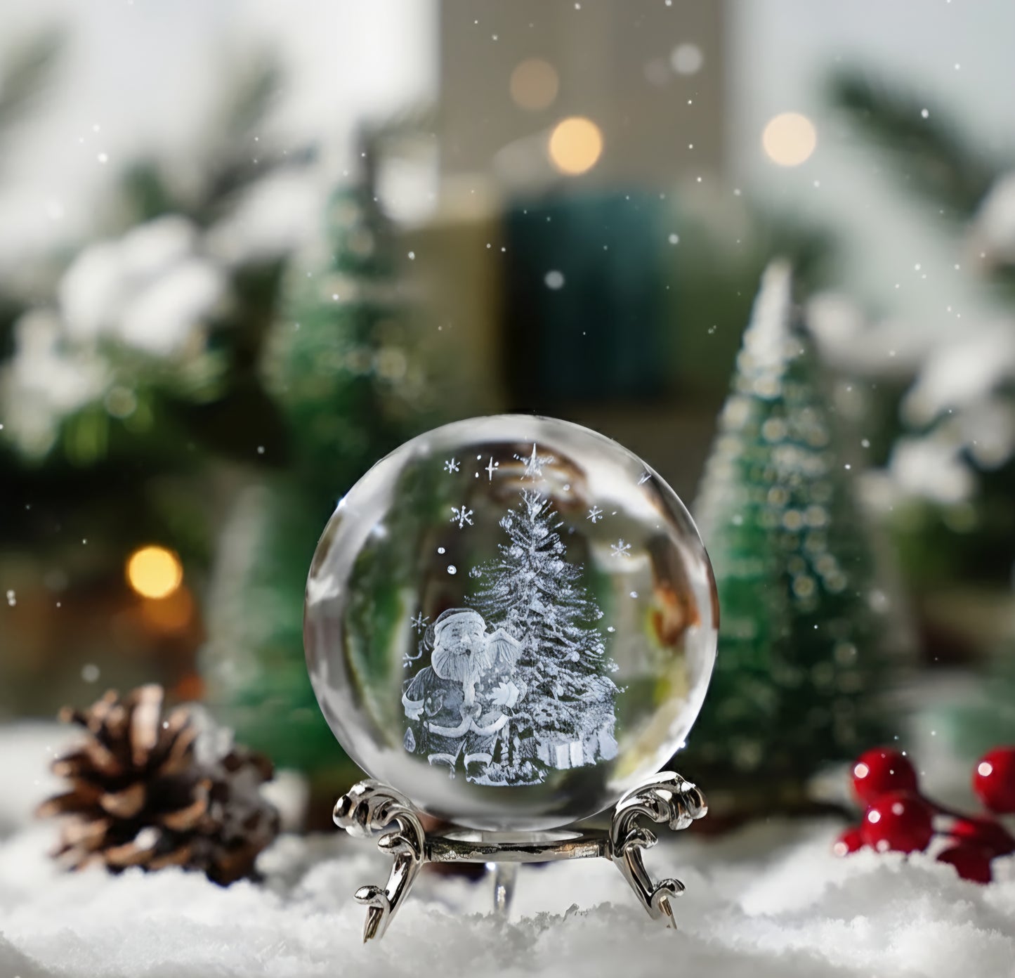 Handcrafted Crystal Keepsake: Santa & Tree 3D Laser Engraving