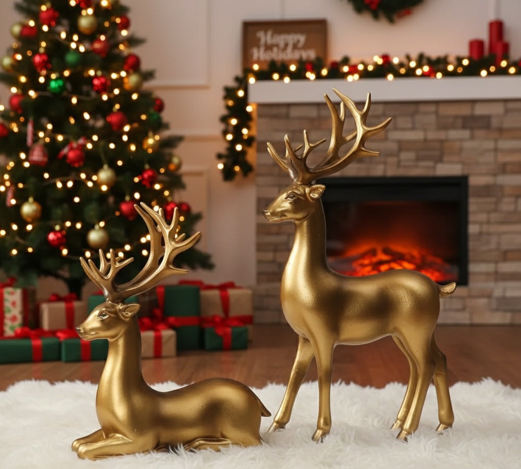 2-Piece Gold / champagne Gold Deer Figurines | Elegant Christmas & Home Decor Set