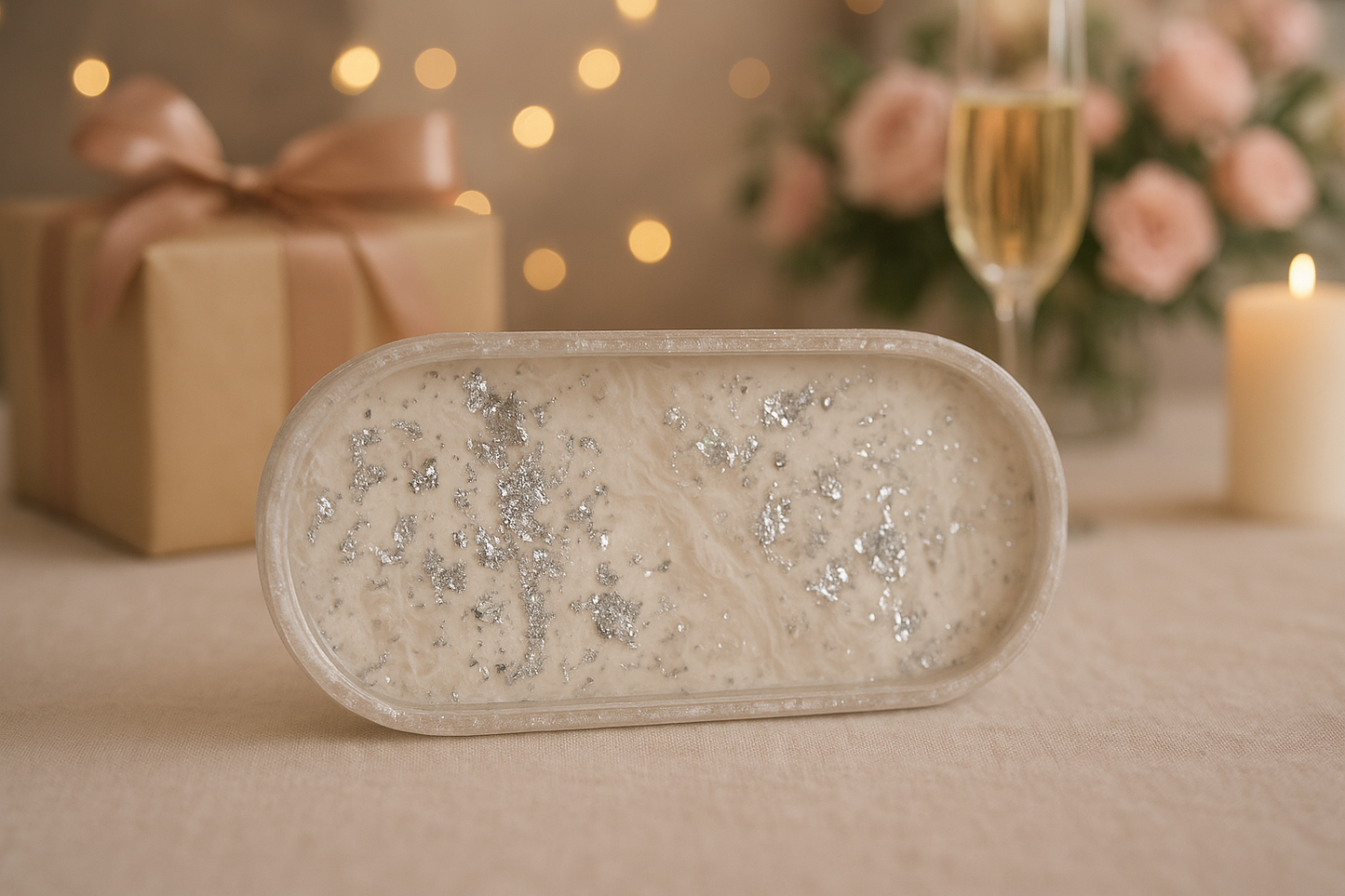 Hand-Poured Resin Décor Tray with Silver Leaf