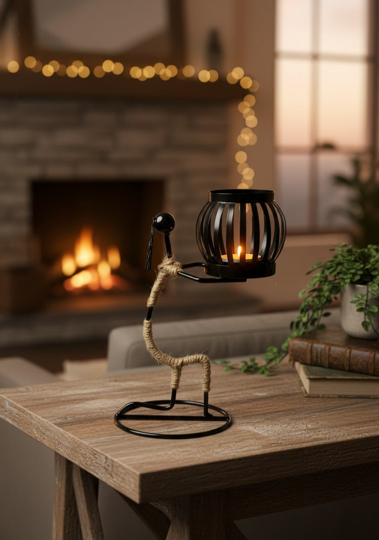 Black Metal Candlestick | Rustic Twine Accent Holiday Decor