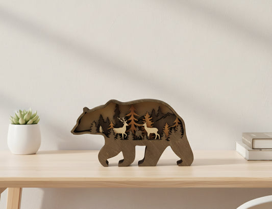 Unique Wooden Bear Forest Scene Decor | Deer, Elk & Moose
