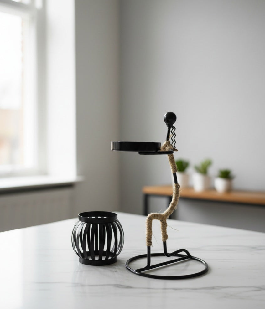 Black Metal Candlestick | Rustic Twine Accent Holiday Decor