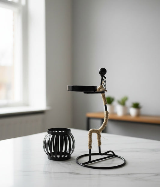 Black Metal Candlestick | Rustic Twine Accent Holiday Decor