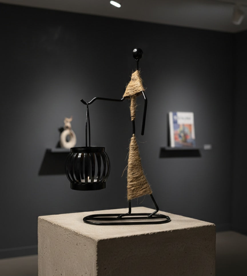 Black Metal Candlestick | Rustic Twine Accent Holiday Decor