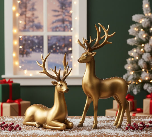 2-Piece Gold / champagne Gold Deer Figurines | Elegant Christmas & Home Decor Set