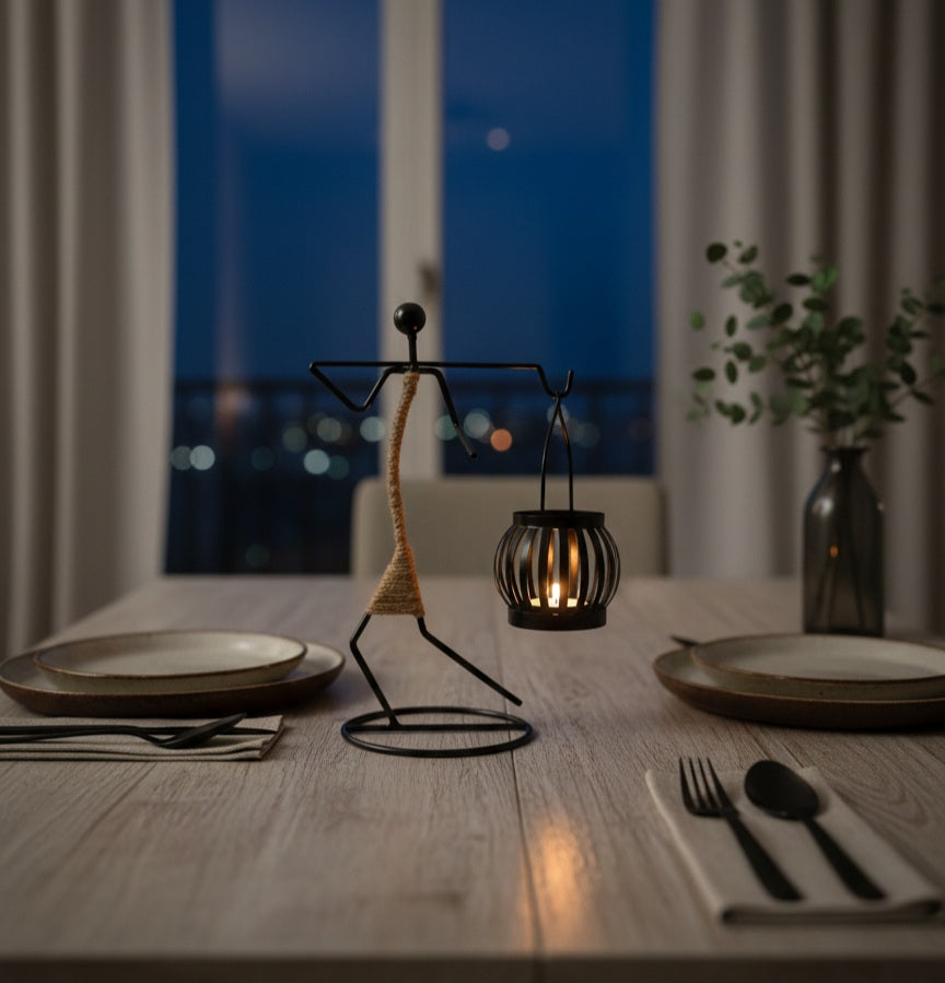 Black Metal Candlestick | Rustic Twine Accent Holiday Decor