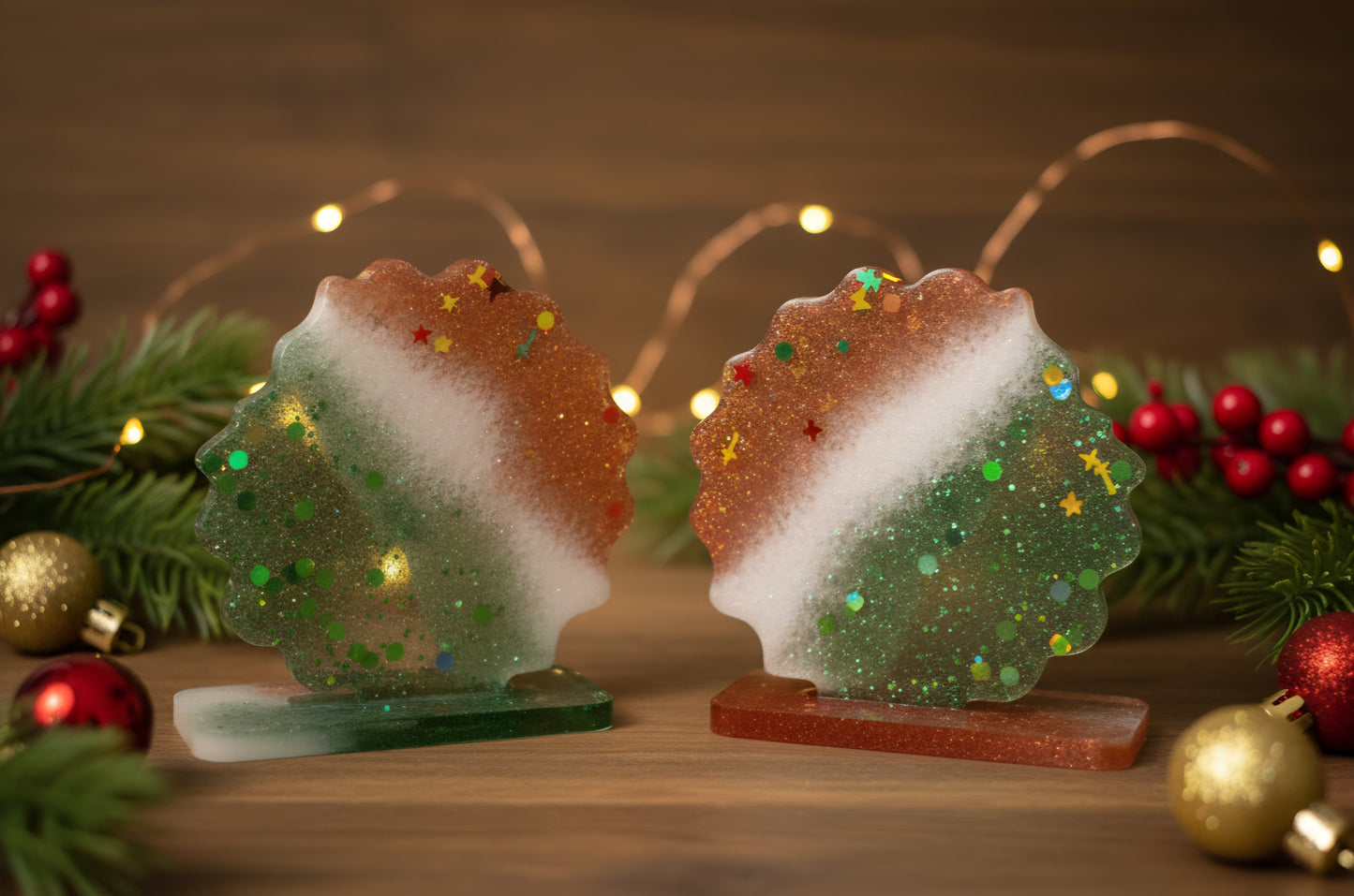 Handmade Glitter Resin Christmas Ornament 2pcs Set