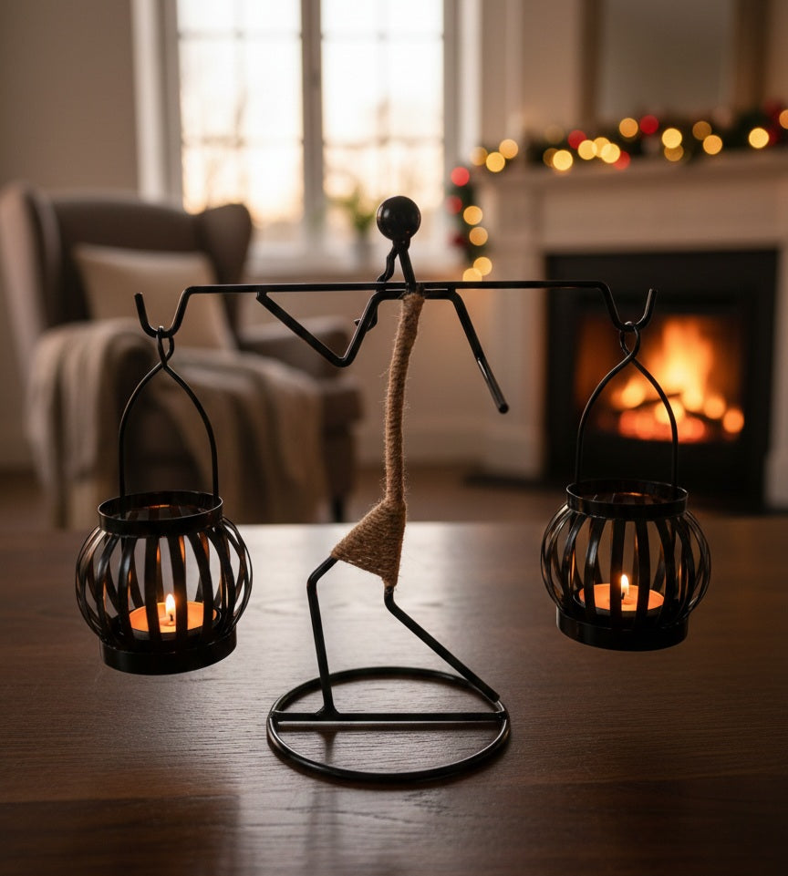 Black Metal Candlestick | Rustic Twine Accent Holiday Decor